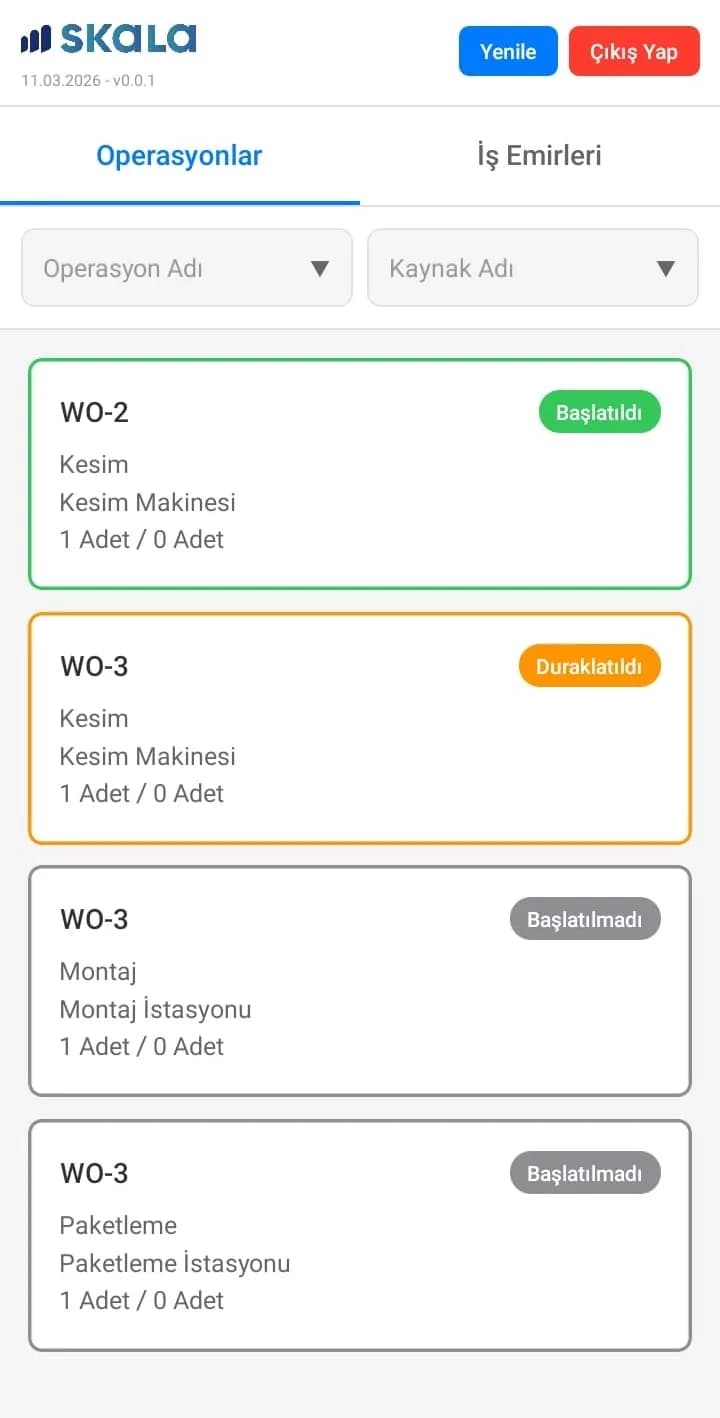 Skala Operatör mobil uygulaması iş emri ekranı
