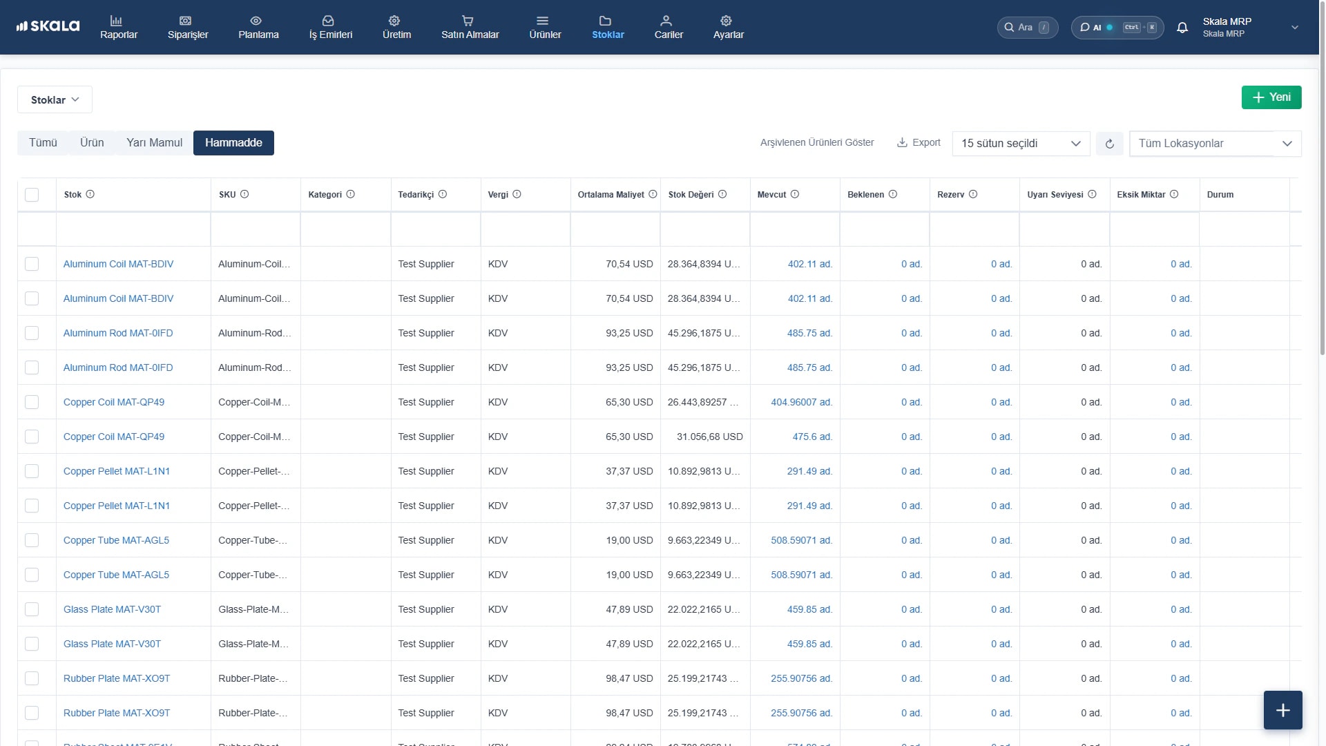 Raw material stock screen