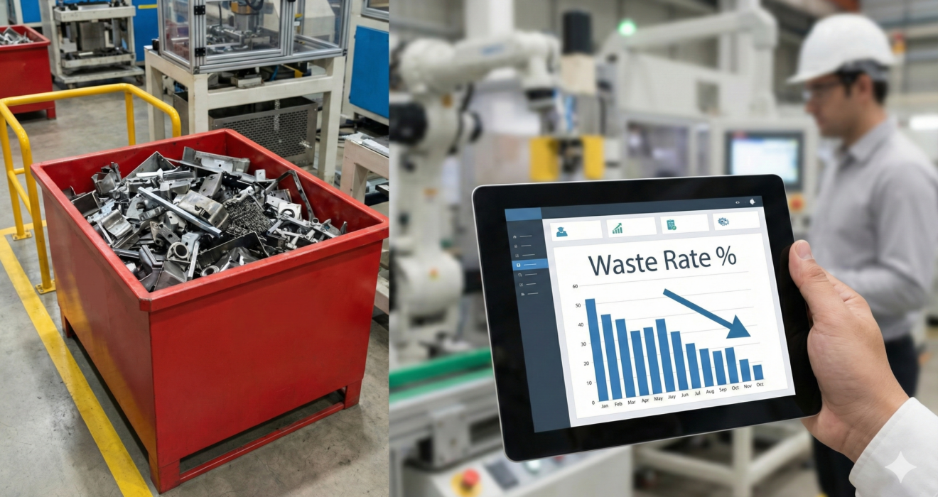 Fabrika üretim hattında ayrılan hurdalar ve tablette gösterilen fire oranı hesaplama grafiği